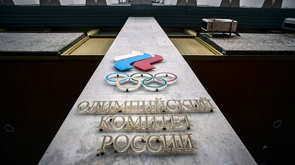 Image: A logo of the Russian Olympic Committee (ROC)on the facade of its he Image: A logo of the Russian Olympic Committee (ROC)on the facade of its he