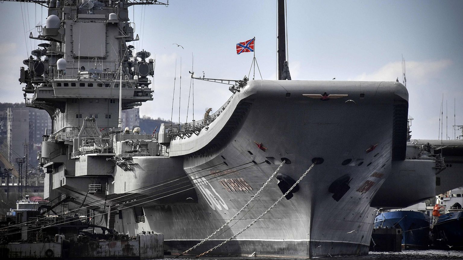 Image: Russian aircraft carrier Admiral Kuznetsov tied up at a Rosatomflot 