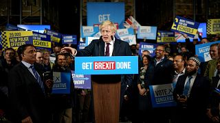 Image: British Prime Minister Boris Johnson speaks to supporters at a facto