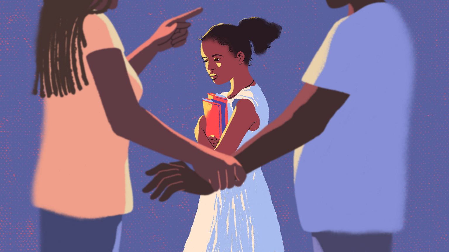 Illustration of young girl standing between two arguing adults.