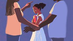 Illustration of young girl standing between two arguing adults.