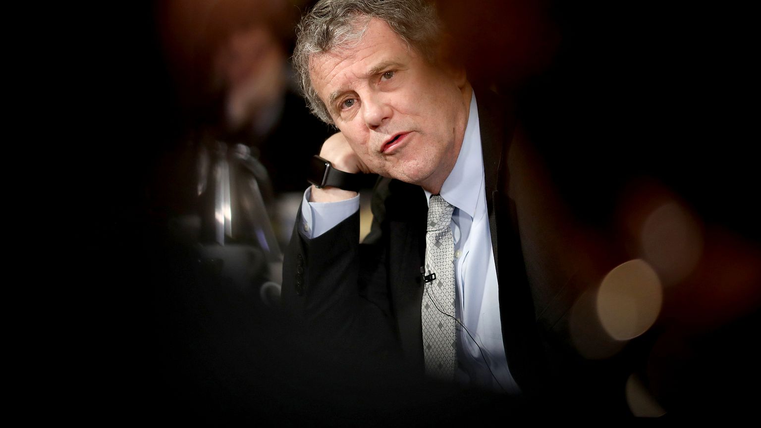 Image: Sen. Sherrod Brown, D-Ohio, answers questions during a round table i