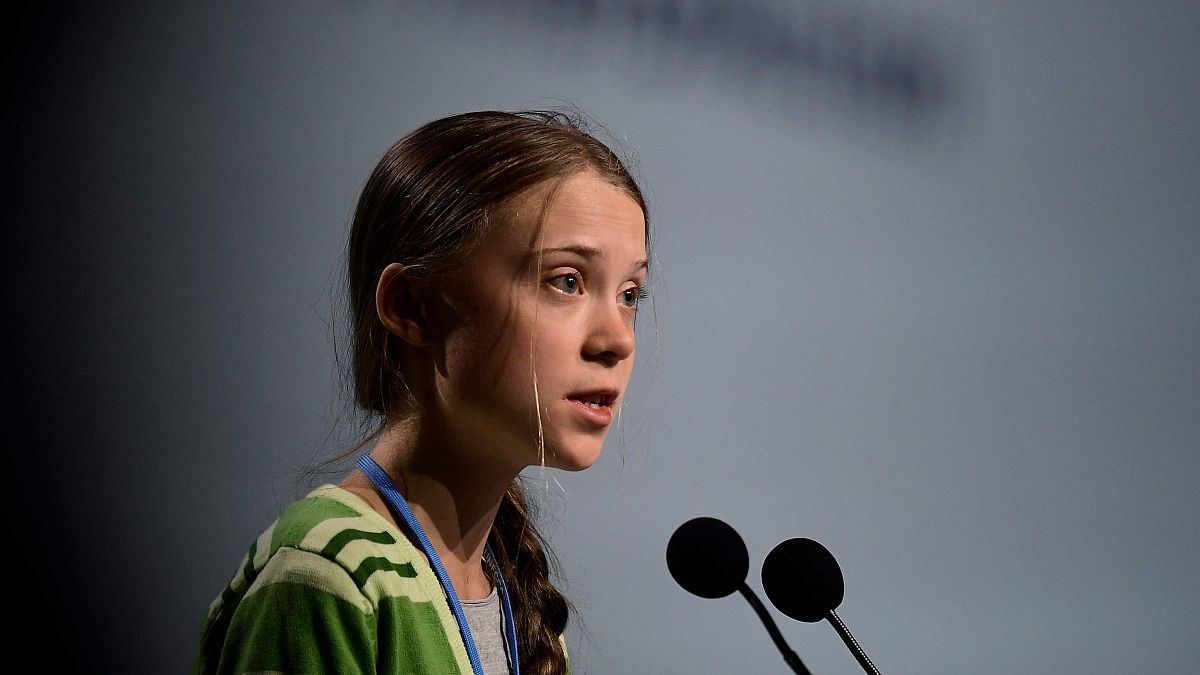 Image: Swedish climate activist Greta Thunberg gives a speech during a high