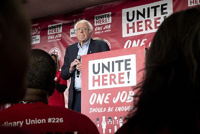 Democratic presidential candidate Sen. Bernie Sanders, I-Vt., reacts during a town hall meeting at the Culinary Workers Union Local 226 hosted by UNITE HERE, in Las Vegas on Dec. 10, 2019.