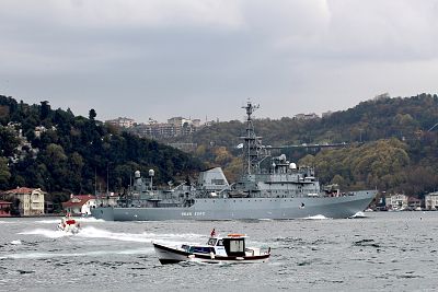 Russian Navy\'s intelligence-gathering vessel Ivan Khurs sails in the Bosphorus, on its way to the Mediterranean Sea, in Istanbul on Nov. 29.