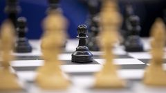 Image: A black pawn stands on a chess board.