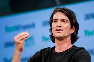 Adam Neumann, CEO of WeWork, speaks to guests during the TechCrunch Disrupt event in New York on May 15, 2017.