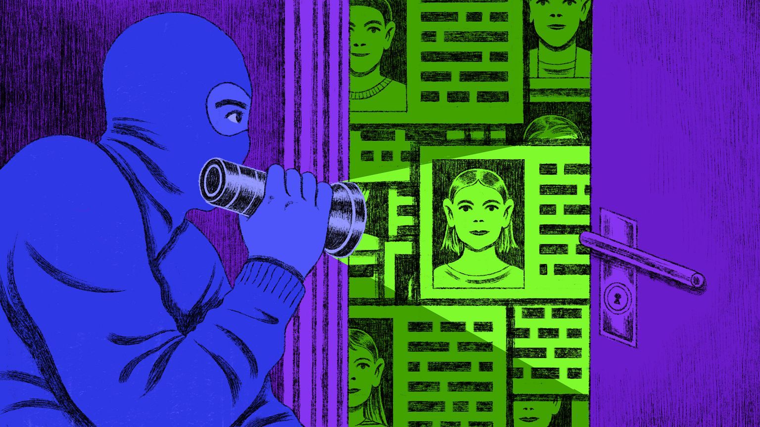Illustration of thief breaking into a room full of ID cards.