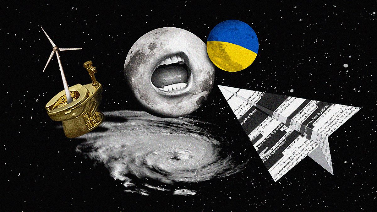 Photo illustration of a planet Ukrainian planet, a moon with a Trump mouth,