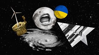 Photo illustration of a planet Ukrainian planet, a moon with a Trump mouth,