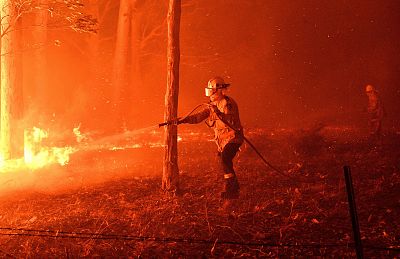 A firefighter hoses down trees and flying embers in an effort to secure nearby houses from bushfires near the town of Nowra in the Australian state of New South Wales on Dec. 31, 2019.