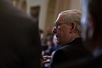 Senate Majority Leader Mitch McConnell, a Republican from Kentucky, speaks during a news conference after a weekly caucus meeting at the U.S. Capitol on Dec. 17, 2019.