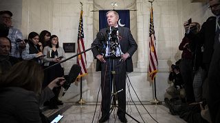 Image: Sen. Lindsey Graham, R-S.C., speaks to reporters outside his office