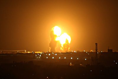 A ball of fire is seen following an Israel airstrike in Khan Yunis in the southern Gaza Strip early on Nov. 15, 2019.