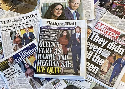 Daily newspapers on Thursday show front page headlines reporting on the news that Britain\'s Prince Harry and his wife Meghan plan to step back as "senior" members of the foyal family.