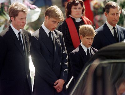 Earl Spencer, Prince William, Prince Harry and Prince Charles attend the funeral of Diana, Princess of Wales on Sept. 6, 1997.