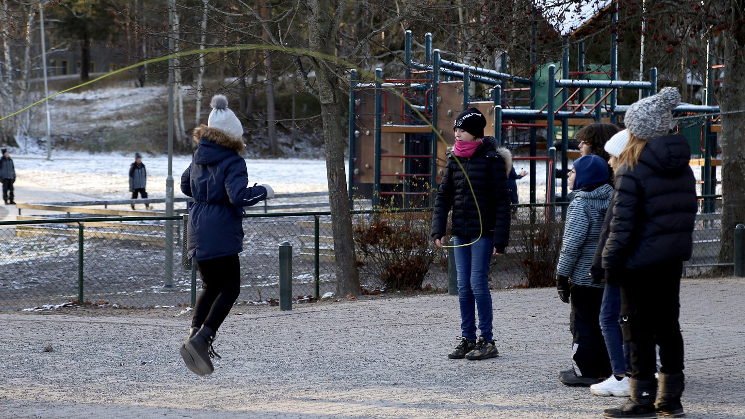 Image: Students at Orminge Skola elementary school in Stockholm play outsid