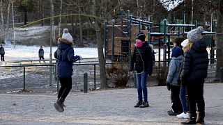 Image: Students at Orminge Skola elementary school in Stockholm play outsid