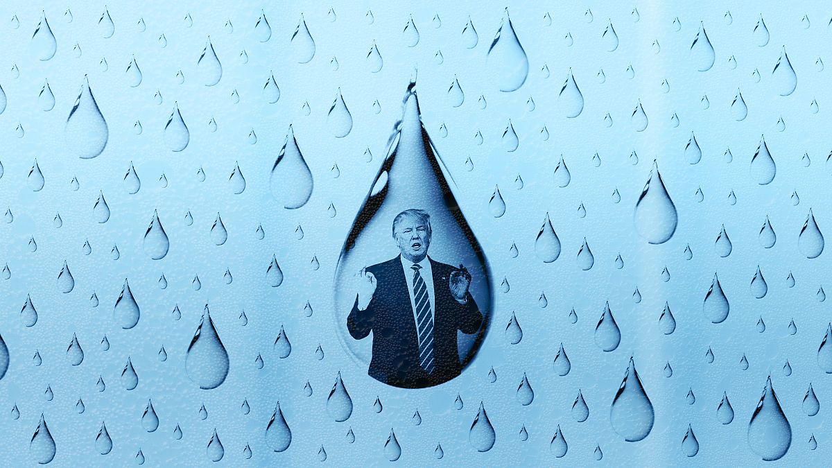 Illustration of water drops with a photo of Trump giving a speak in the lar