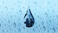 Illustration of water drops with a photo of Trump giving a speak in the lar