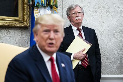 John Bolton, then the national security adviser, listens as President Donald Trump meets with Netherlands Prime Minister Mark Rutte at the White House on July 18, 2019.