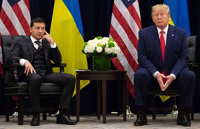 President Donald Trump and Ukrainian President Volodymyr Zelensky looks on during a meeting in New York on Sep. 25, 2019, on the sidelines of the United Nations General Assembly.