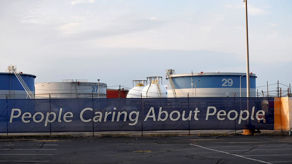 Image: A banner outside of the Philadelphia Energy Solutions refinery on Au