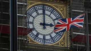 Image: FILE PHOTO: British Union Jack flies in front of the clock face of t