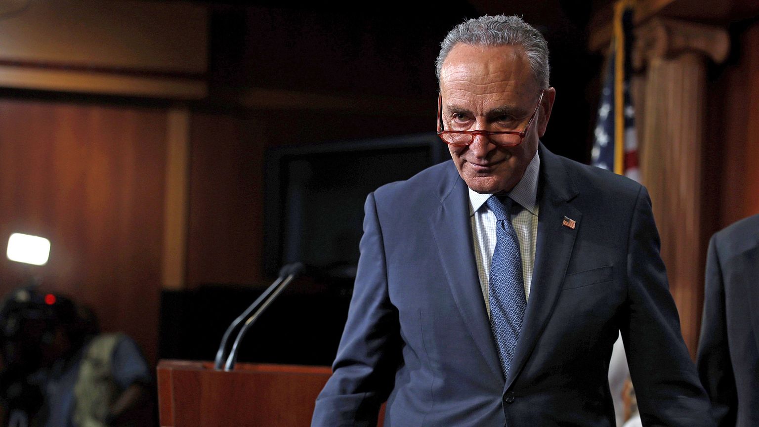 Senate Minority Leader Sen. Chuck Schumer after a news conference at the Ca