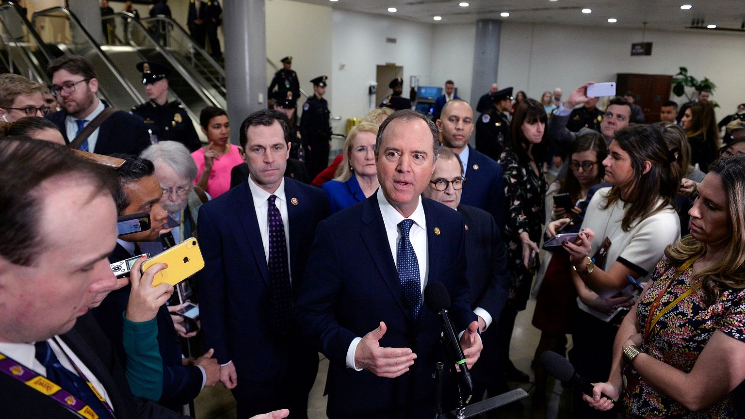 Image: House Managers Rep. Adam Schiff (D-CA) speaks next to Rep. Jerry Nad