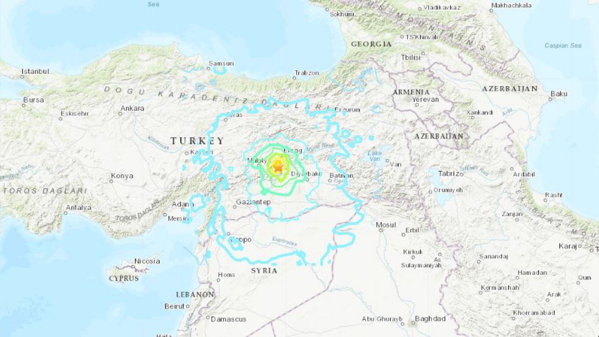 A map shows the epicenter of a 6.7 magnitude earthquake in eastern Turkey o