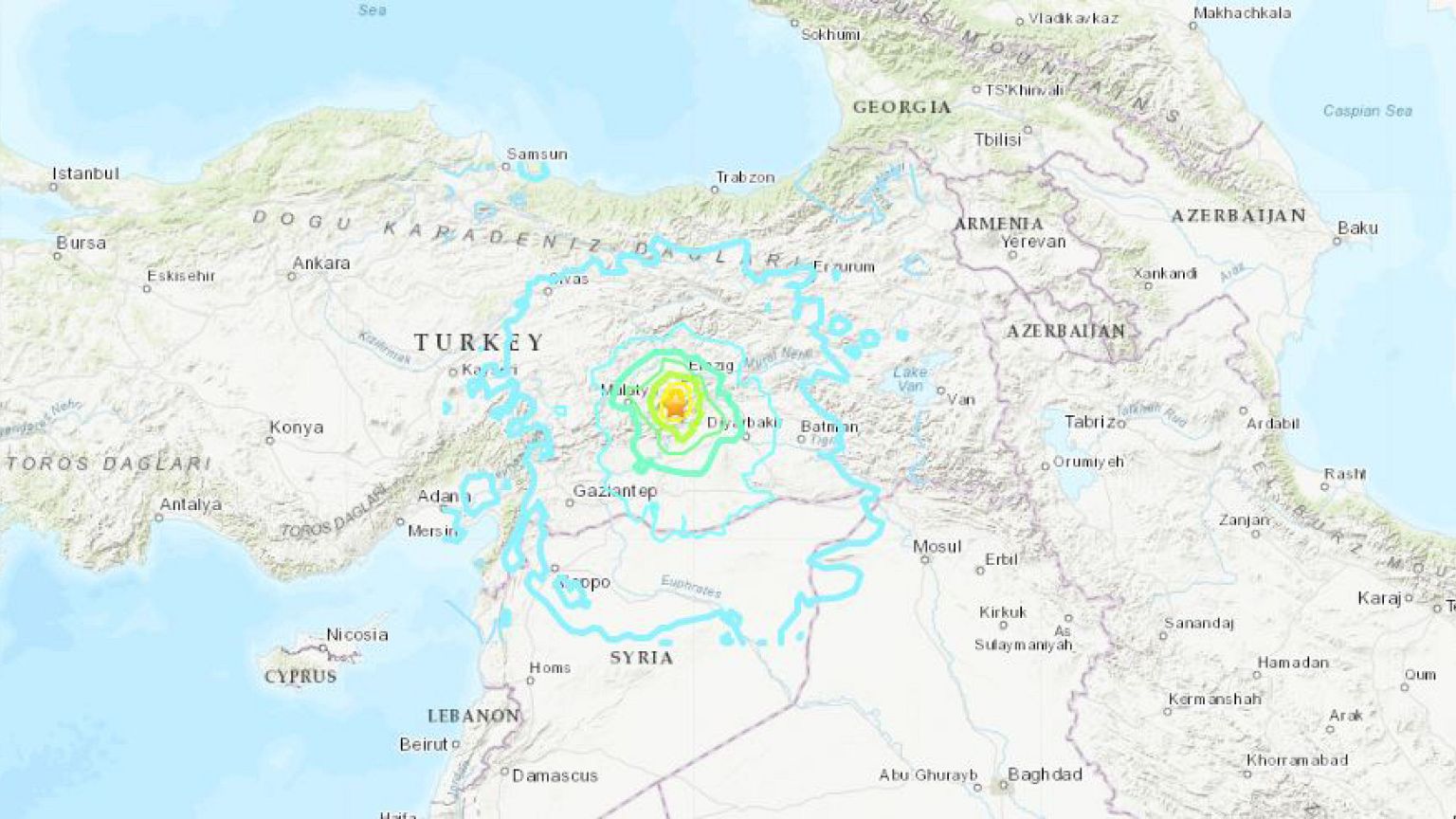 A map shows the epicenter of a 6.7 magnitude earthquake in eastern Turkey o