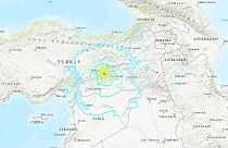 A map shows the epicenter of a 6.7 magnitude earthquake in eastern Turkey o
