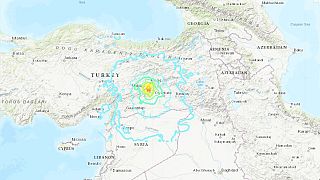 A map shows the epicenter of a 6.7 magnitude earthquake in eastern Turkey o