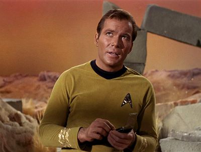 Canadian actor William Shatner glances upwards in a scene from an episode of the television series \'Star Trek\' entitled \'The Man Trap,\' 1966.