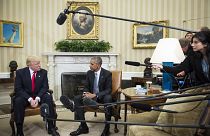 President Barack Obama talks with President-elect Donald Trump in the Oval