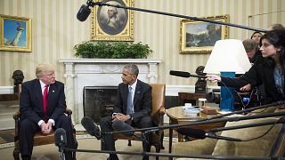 President Barack Obama talks with President-elect Donald Trump in the Oval 