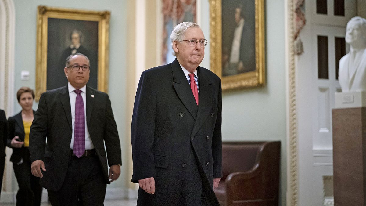 Senate Majority Leader Mitch McConnell arrives for the impeachment trial of