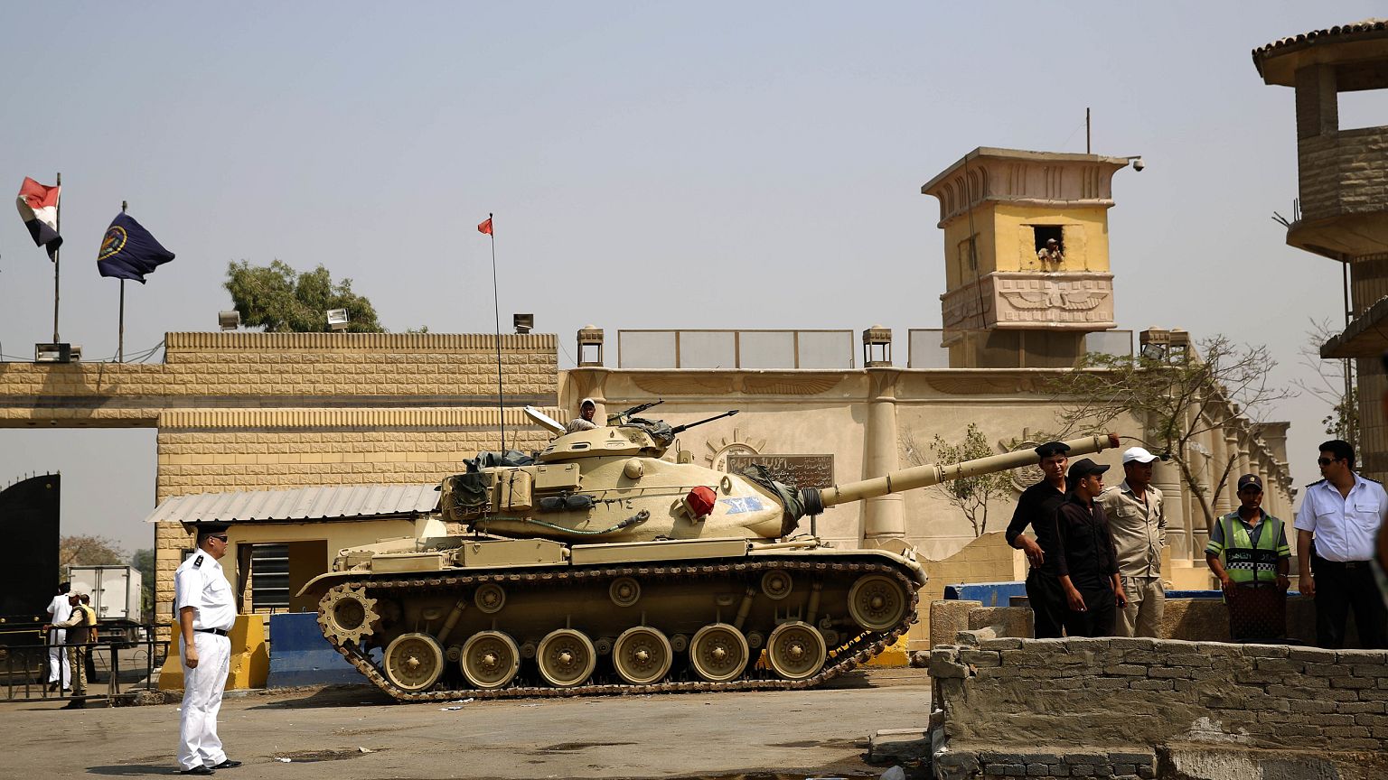 Egyptian security forces stand guard outside one of the entrances to the To