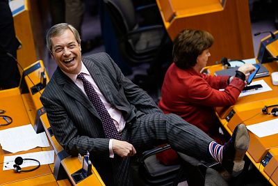 Britain\'s Brexit Party leader Nigel Farage shows his Union Jack socks during a plenary session in Brussels earlier this week.