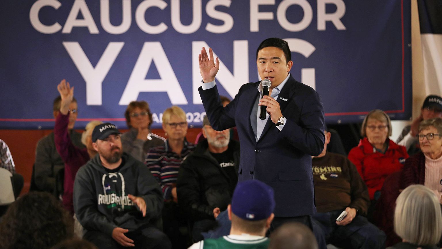 Democratic presidential candidate Andrew Yang speaks at the Ideal Social Ha