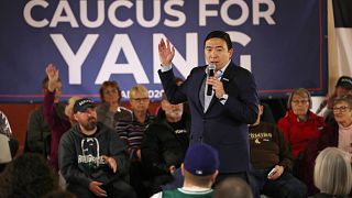 Democratic presidential candidate Andrew Yang speaks at the Ideal Social Ha
