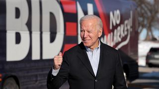 Image: Joe Biden arrives at a campaign stop in Emmetsburg, Iowa, on Nov. 26
