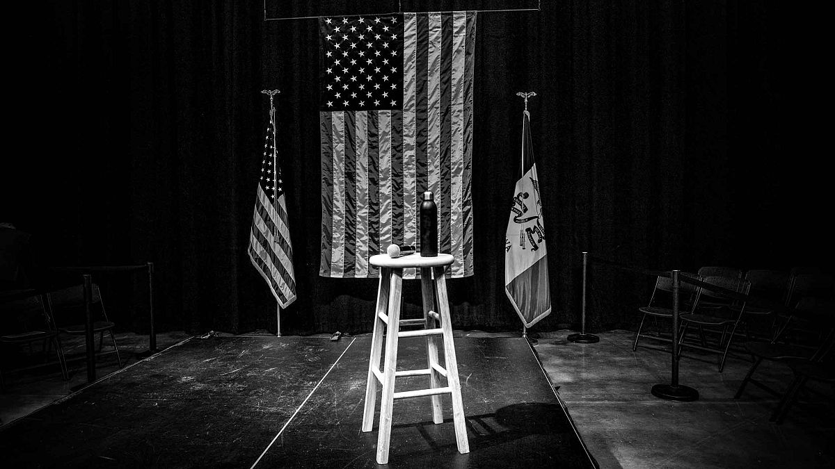 Image: The stage at a Joe Biden campaign rally in Council Bluffs, Iowa, on 