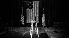 Image: The stage at a Joe Biden campaign rally in Council Bluffs, Iowa, on 