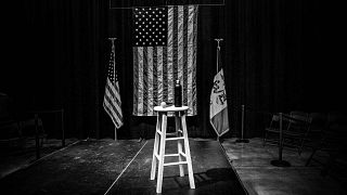 Image: The stage at a Joe Biden campaign rally in Council Bluffs, Iowa, on