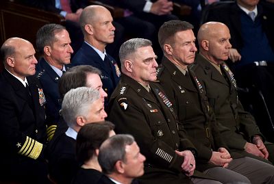 Members of the Joint Chiefs of Staff look on as President Donald Trump delivers the State of the Union address at the Capitol on Feb. 4, 2020.