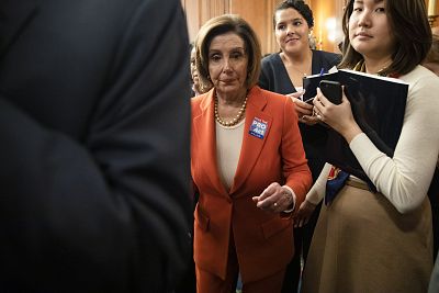Speaker of the House Nancy Pelosi, D-Calif., leaves a press conference on Capitol Hill on Feb. 5, 2020.