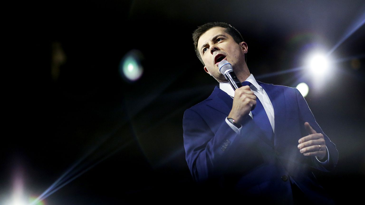 Image: Pete Buttigieg speaks at a dinner in Manchester, N.H., on Feb. 8, 20