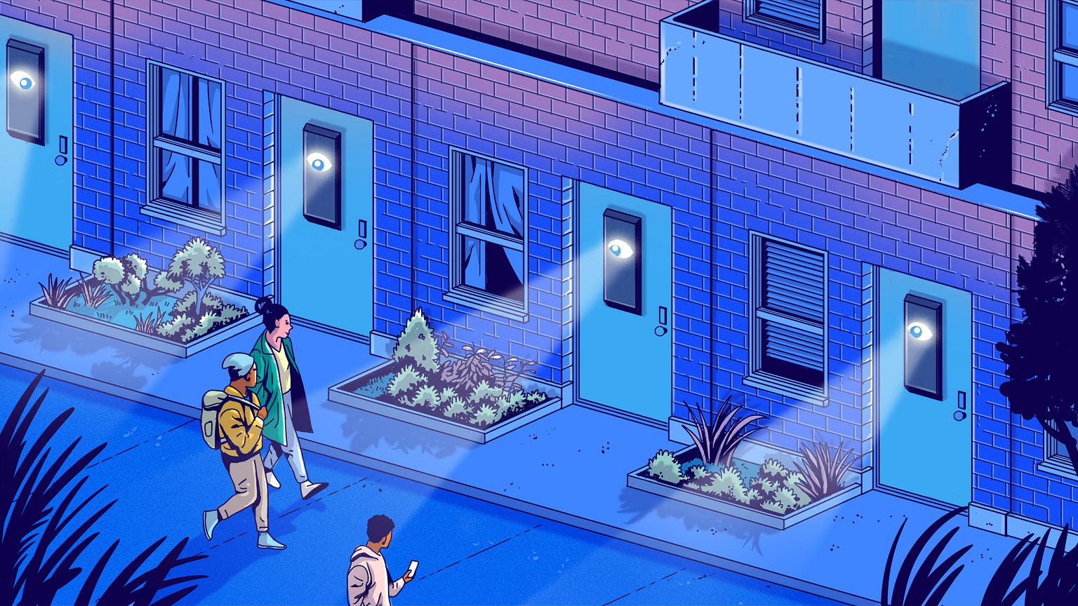 Illustration of huge eyes on Ring cameras watching a neighborhood.